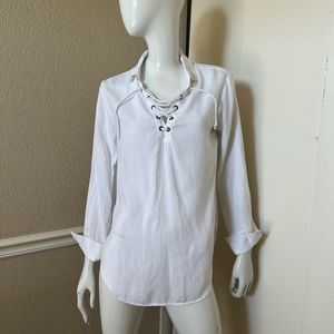 Cloth & Stone Bright White 100% Tencel Lace-Up Neck Collared Shirt Sz S
